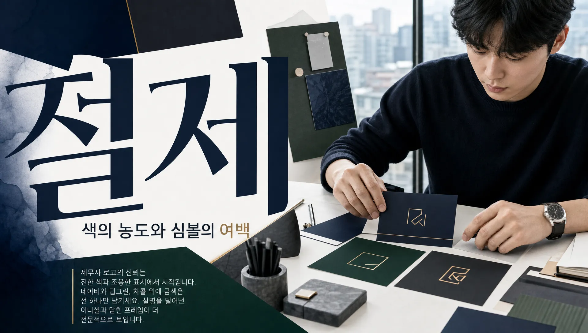 네이비 컬러의 세무사 로고 시안과 서류 폴더가 놓인 책상