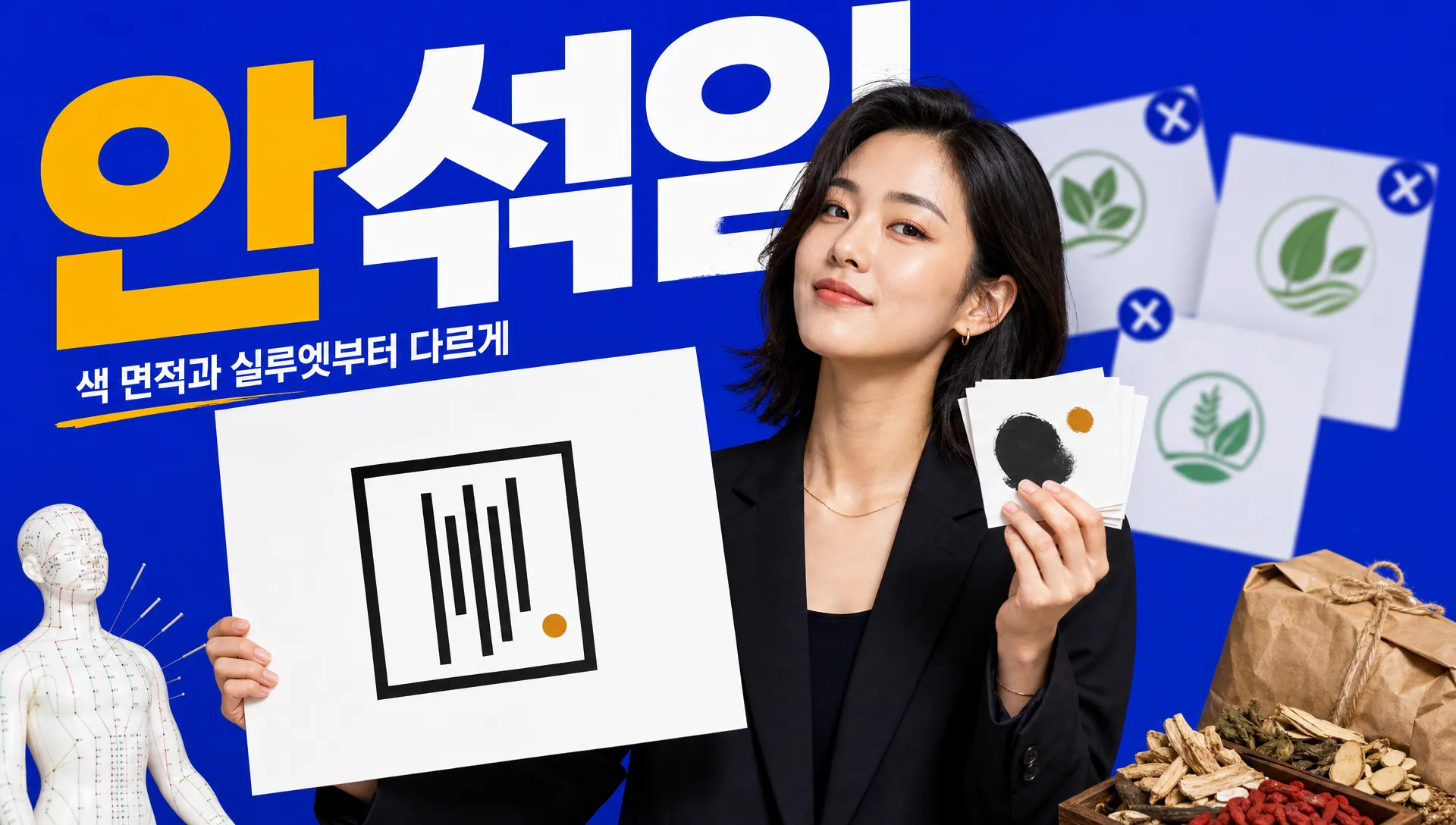 비슷한 초록색 한의원 로고들 사이에서 다른 실루엣의 로고가 보이는 장면