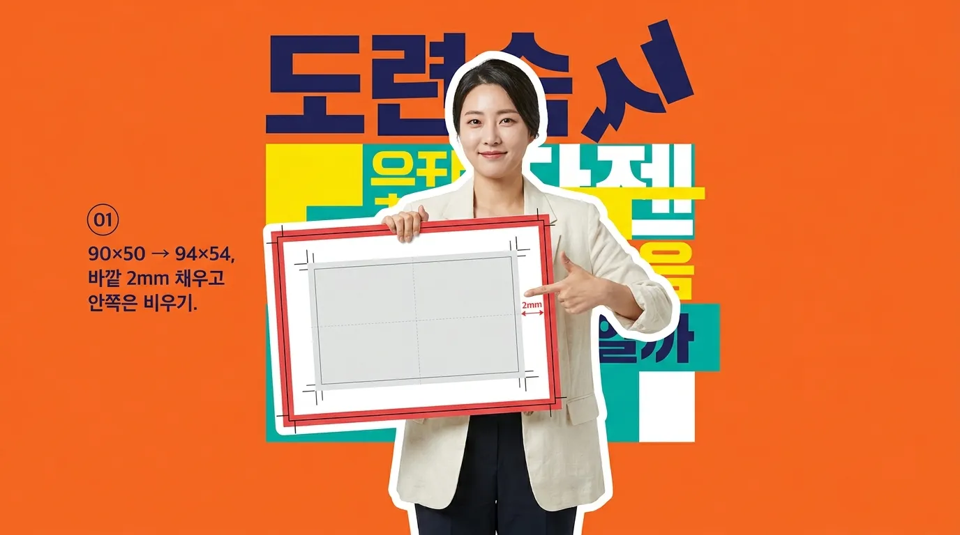 도련선·재단선·안전선이 겹쳐 표시된 명함 편집 화면
