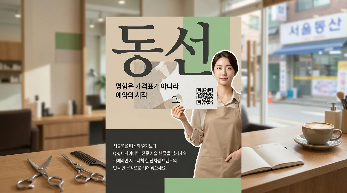 명함 앞면에는 로고, 뒷면에는 QR과 예약 정보가 정리된 장면
