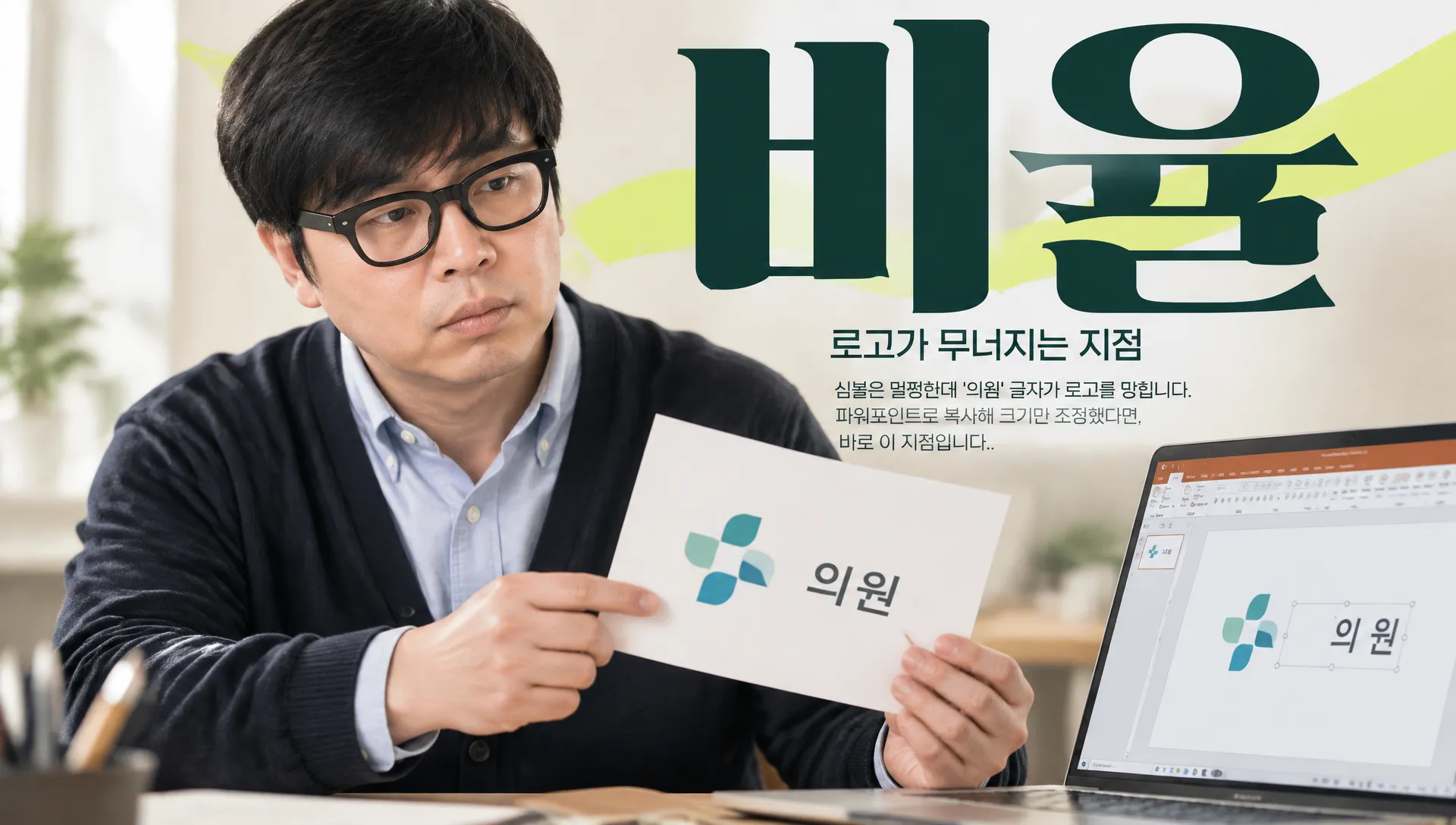 심볼은 멀쩡한데 '의원' 글자가 로고를 망쳐요 — 원장님이 놓치는 비율