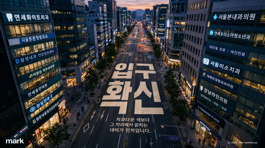 야간 거리에서 여러 간판 사이로 치과 이름이 또렷하게 보이는 장면