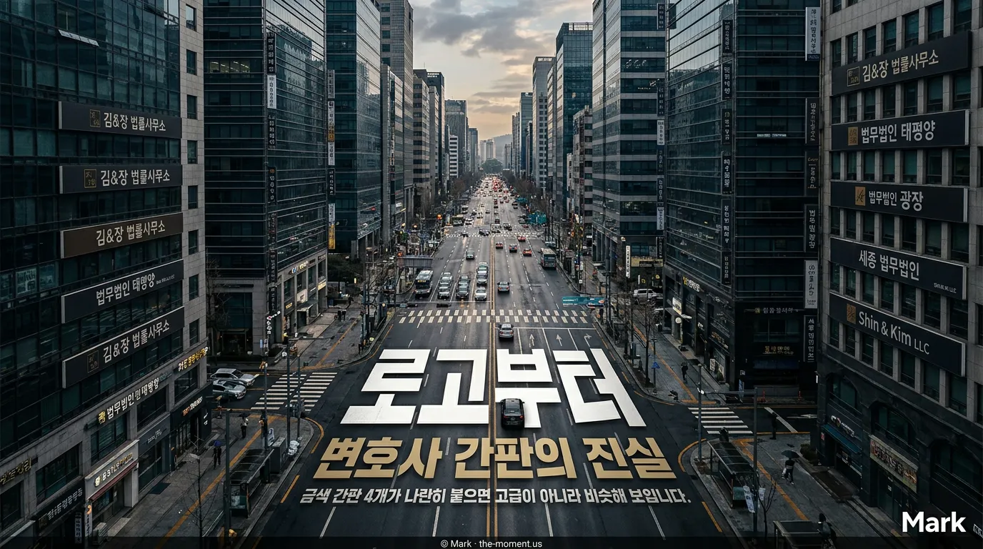 짙은 남색 로고가 명함, 홈페이지, 외부 사인에 같은 톤으로 적용된 장면