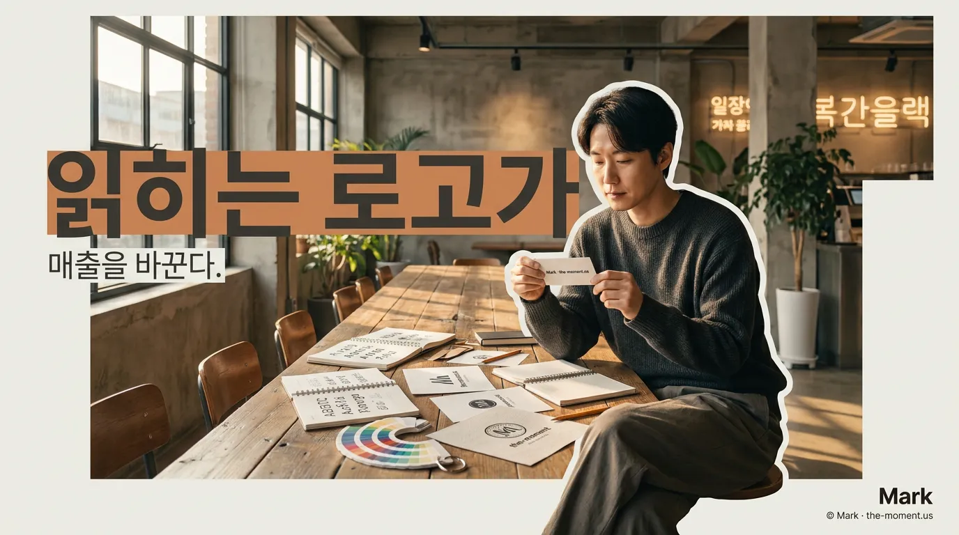 카페 컵, 외부 사인, 인스타 프로필에 같은 로고 색과 폰트가 반복 적용된 장면