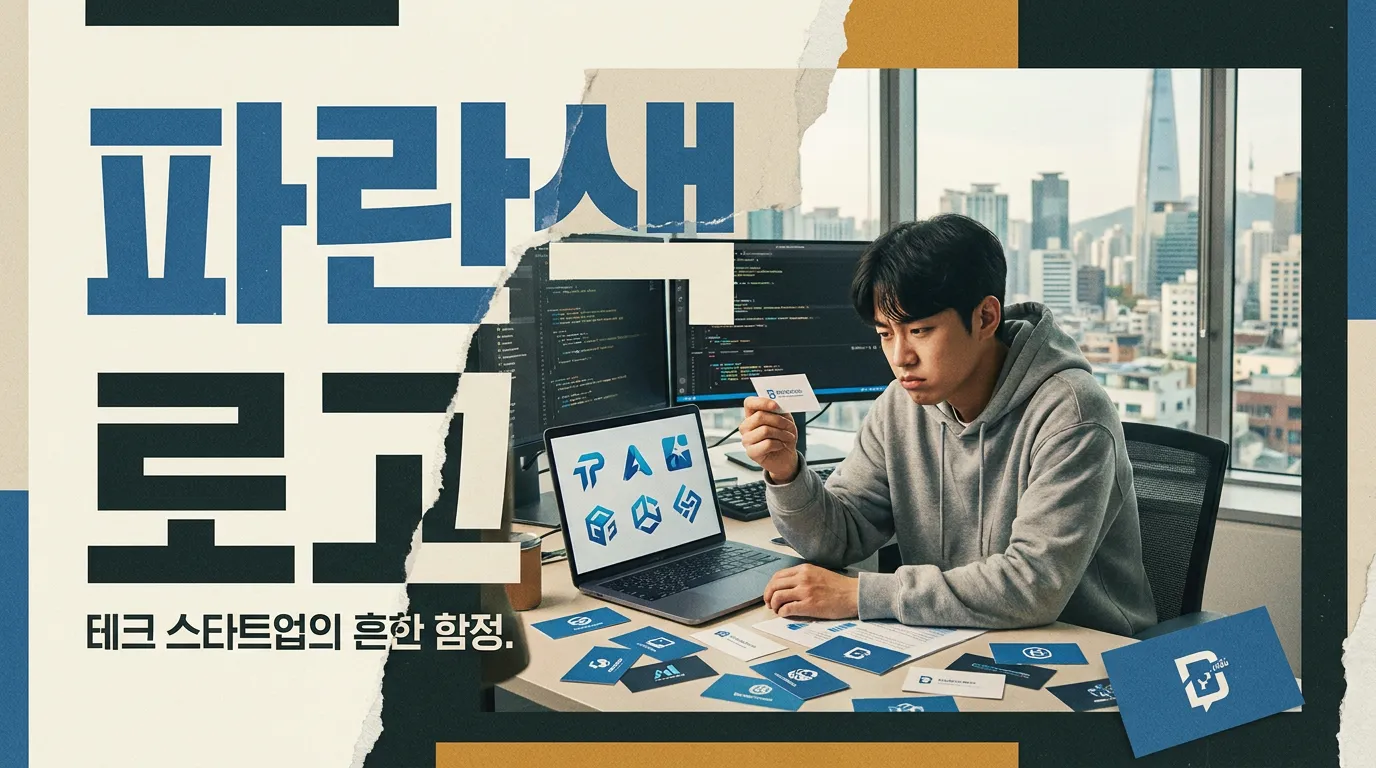 여러 스타트업 IR 자료가 펼쳐진 책상 위에서 비슷한 파란색 로고들이 겹쳐 보이는 장면