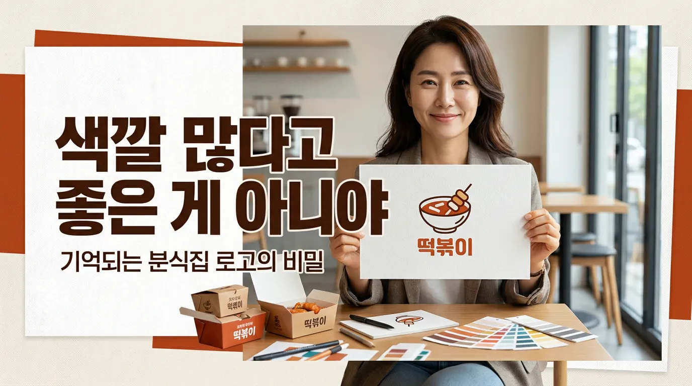 빨강 계열 컬러칩과 분식집 포장 스티커 시안을 비교하는 장면