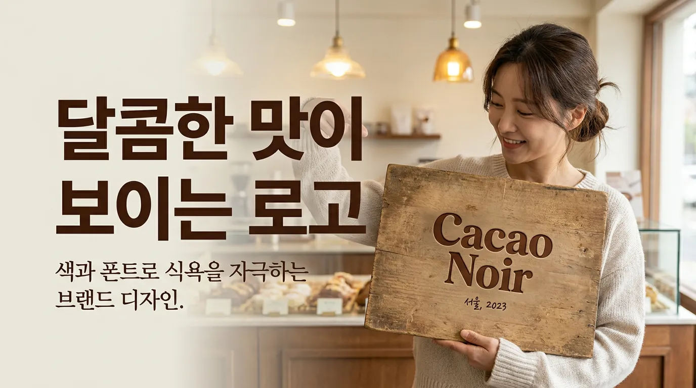 식품 브랜드 로고 시안 위에 색상 팔레트와 서체 샘플이 놓인 장면