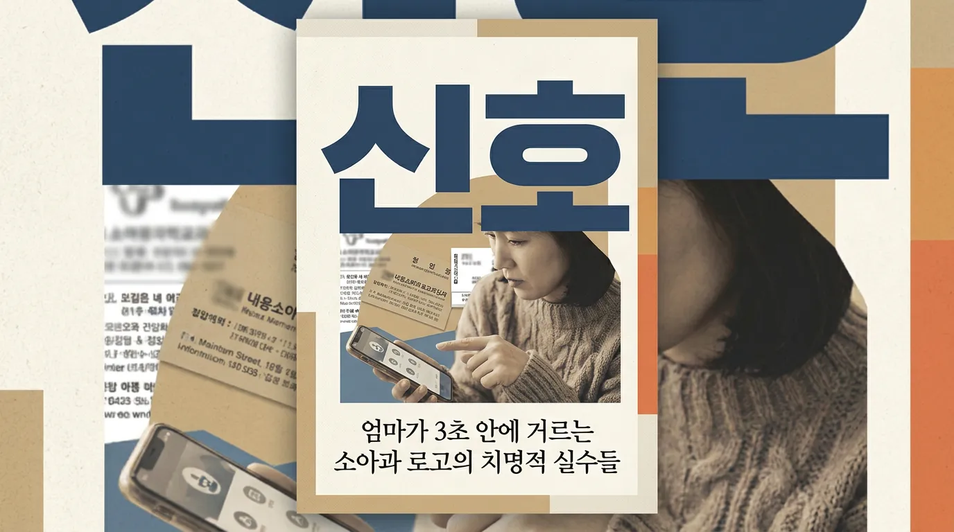 민트와 코랄 컬러칩, 둥근 심볼 스케치, 한글 로고 시안이 놓인 책상