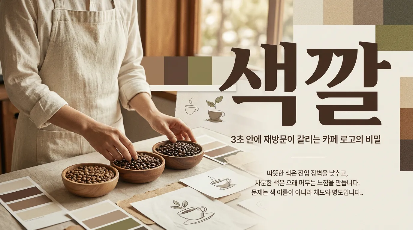 카페 컵, 스티커, 메뉴판에 같은 브랜드 컬러가 적용된 장면