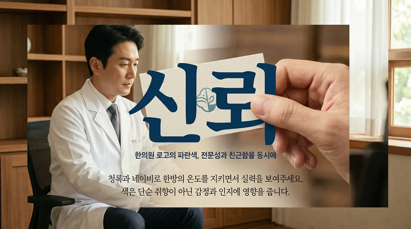 딥블루와 청록 컬러칩 위에 한의원 심볼 스케치가 놓인 장면