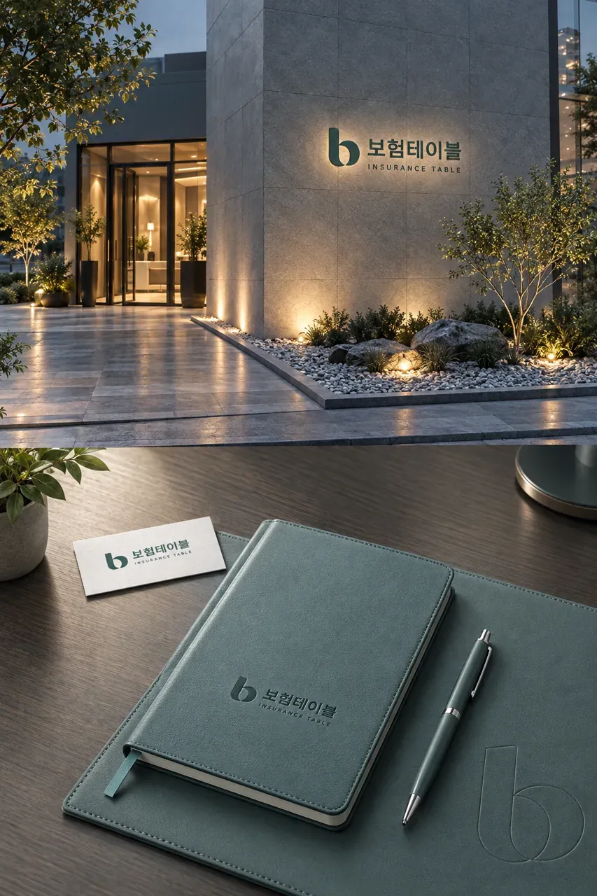 금융·부동산 로고 디자인 — 신뢰의 테이블 현대적 정결함 금융·부동산 기업 로고 적용 예시