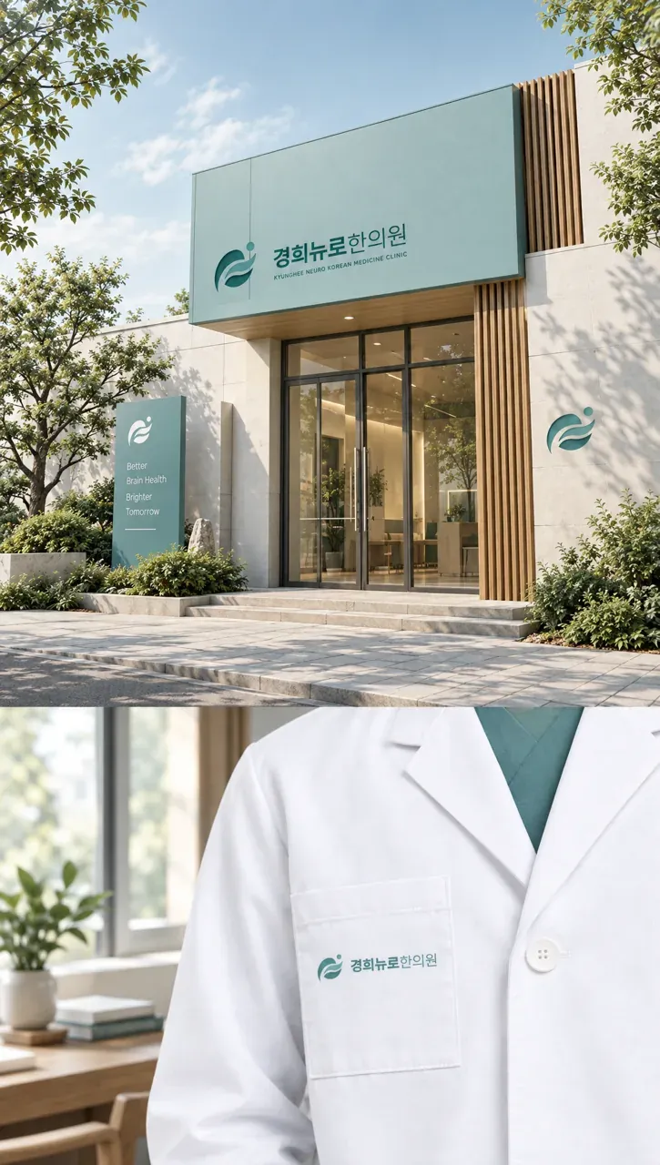 한의원·한방 로고 디자인 — 모던하고 세련된 조합형 한의원 로고 적용 예시