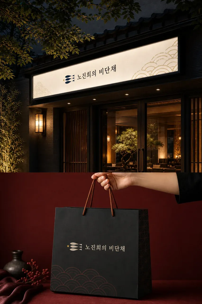 음식점·외식 로고 디자인 — 비단의 우아함 고급의 정수 음식점 로고 적용 예시