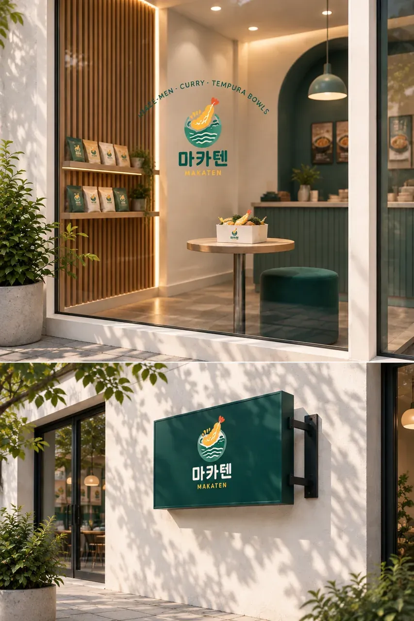 음식점·외식 로고 디자인 — 초록의 따뜻함에 담은 일본식 정통성 음식점 로고 적용 예시
