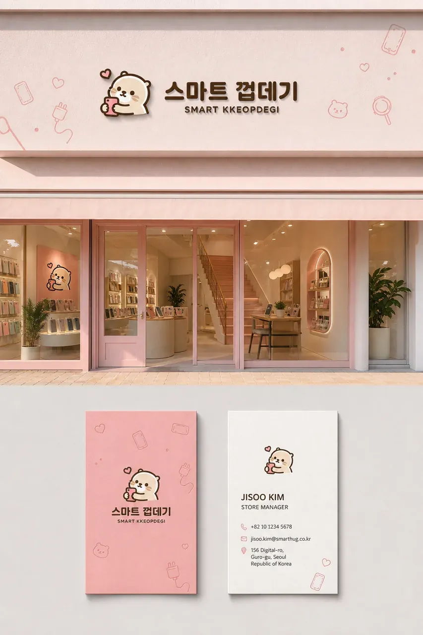 제조·유통 로고 디자인 — 기기를 감싸는 따뜻한 친구 제조·유통 기업 로고 적용 예시