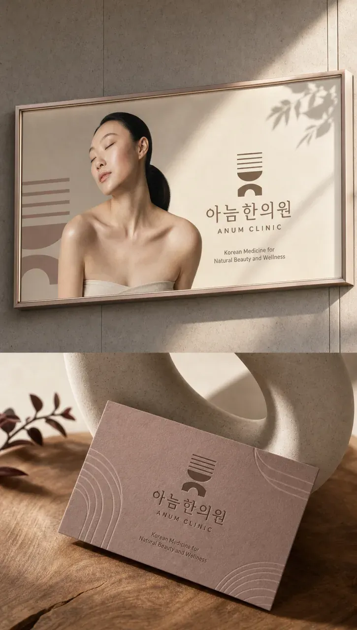 한의원·한방 로고 디자인 — 미니멀한 조합형 한의원 로고 적용 예시
