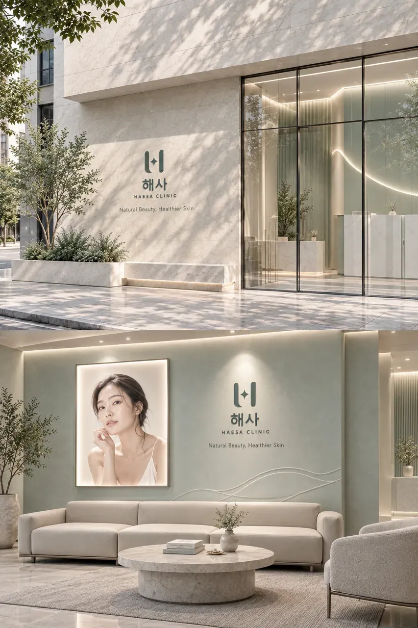 한의원·한방 로고 디자인 — 맑은 광채를 담은 동양적 모더니즘 한의원 로고 적용 예시