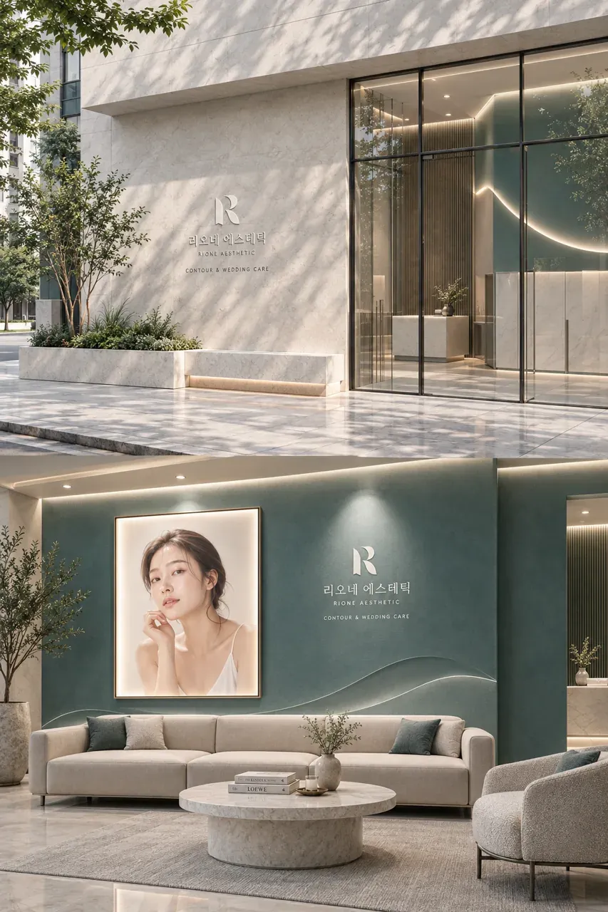 뷰티·미용 로고 디자인 — 미니멀한 조합형 뷰티 브랜드 로고 적용 예시