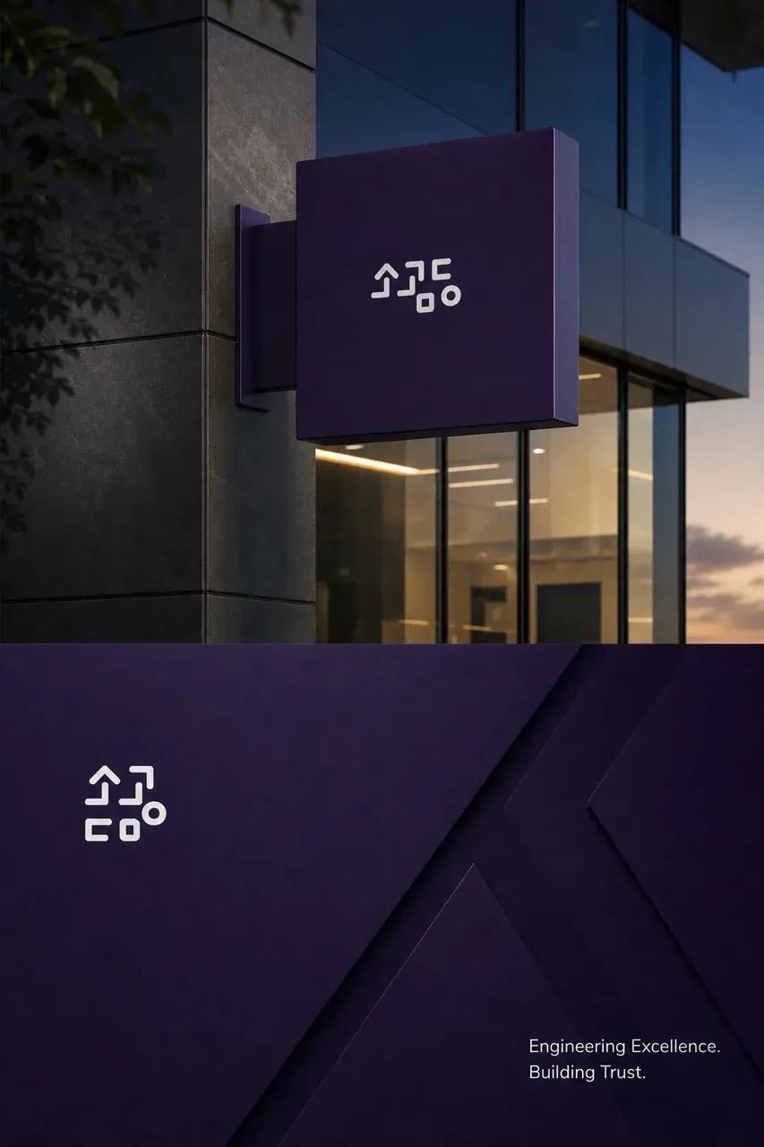 건설·인테리어 로고 디자인 — 모던하고 세련된 조합형 건설·인테리어 기업 로고 적용 예시