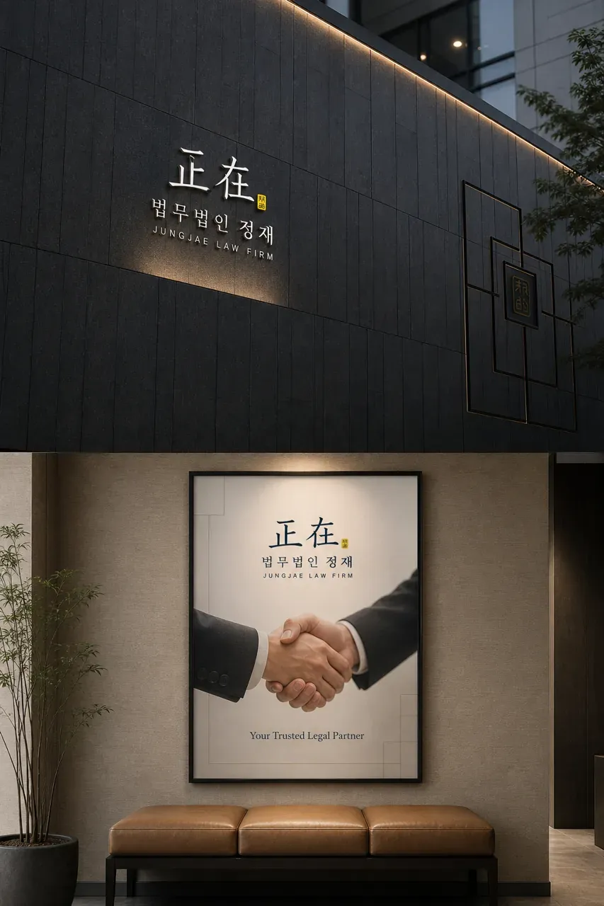법률·세무·특허 로고 디자인 — 정직함의 기하학 법률사무소 로고 적용 예시