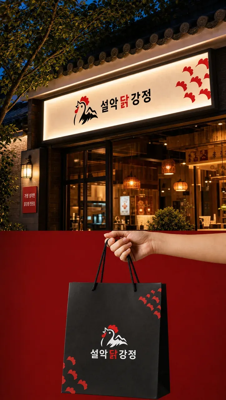 음식점·외식 로고 디자인 — 닭 캐릭터로 만드는 강렬하고 친근한 정체성 음식점 로고 적용 예시