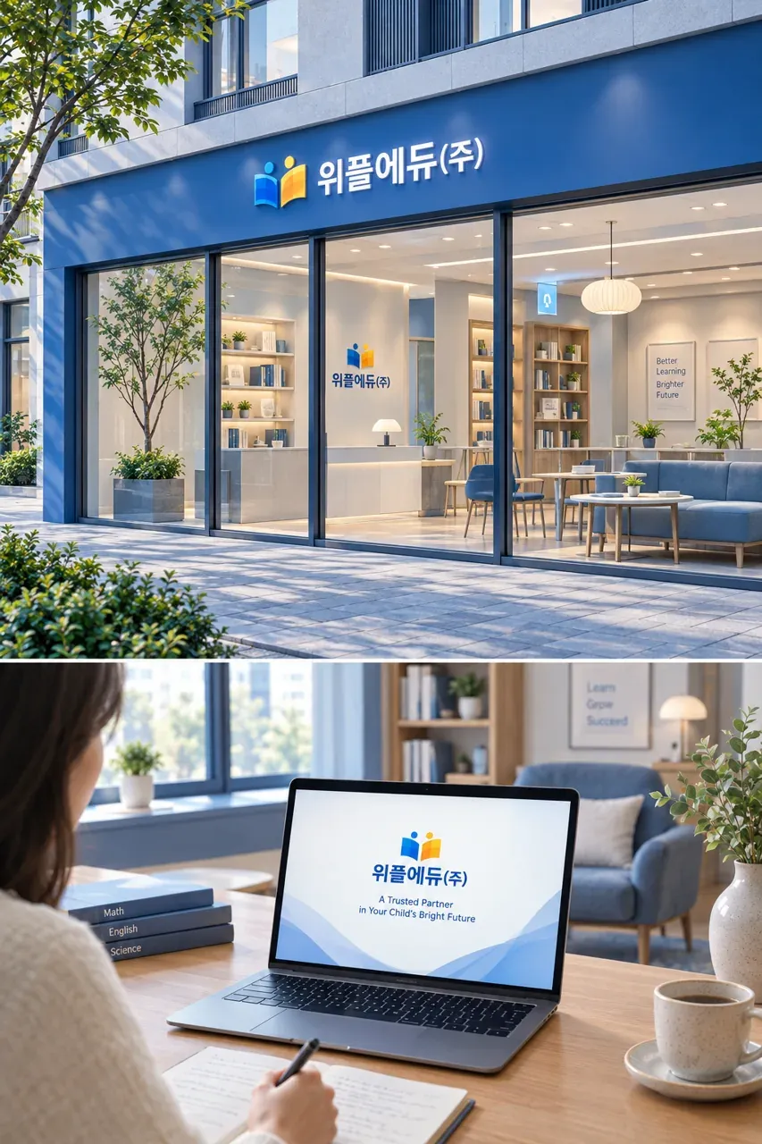 교육·학원 로고 디자인 — 신뢰와 성장의 모던 한글심볼 학원 로고 적용 예시