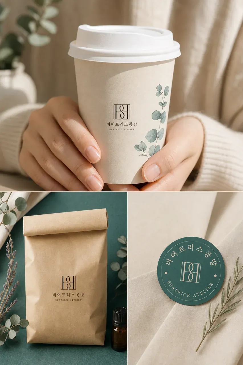 뷰티·미용 로고 디자인 — 손으로 만드는 향 선으로 전하다 뷰티 브랜드 로고 적용 예시