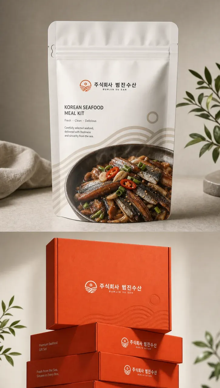 농식품·축산 로고 디자인 — 범진수산 | 바다의 신선함을 담은 현대적 기하학 농식품 브랜드 로고