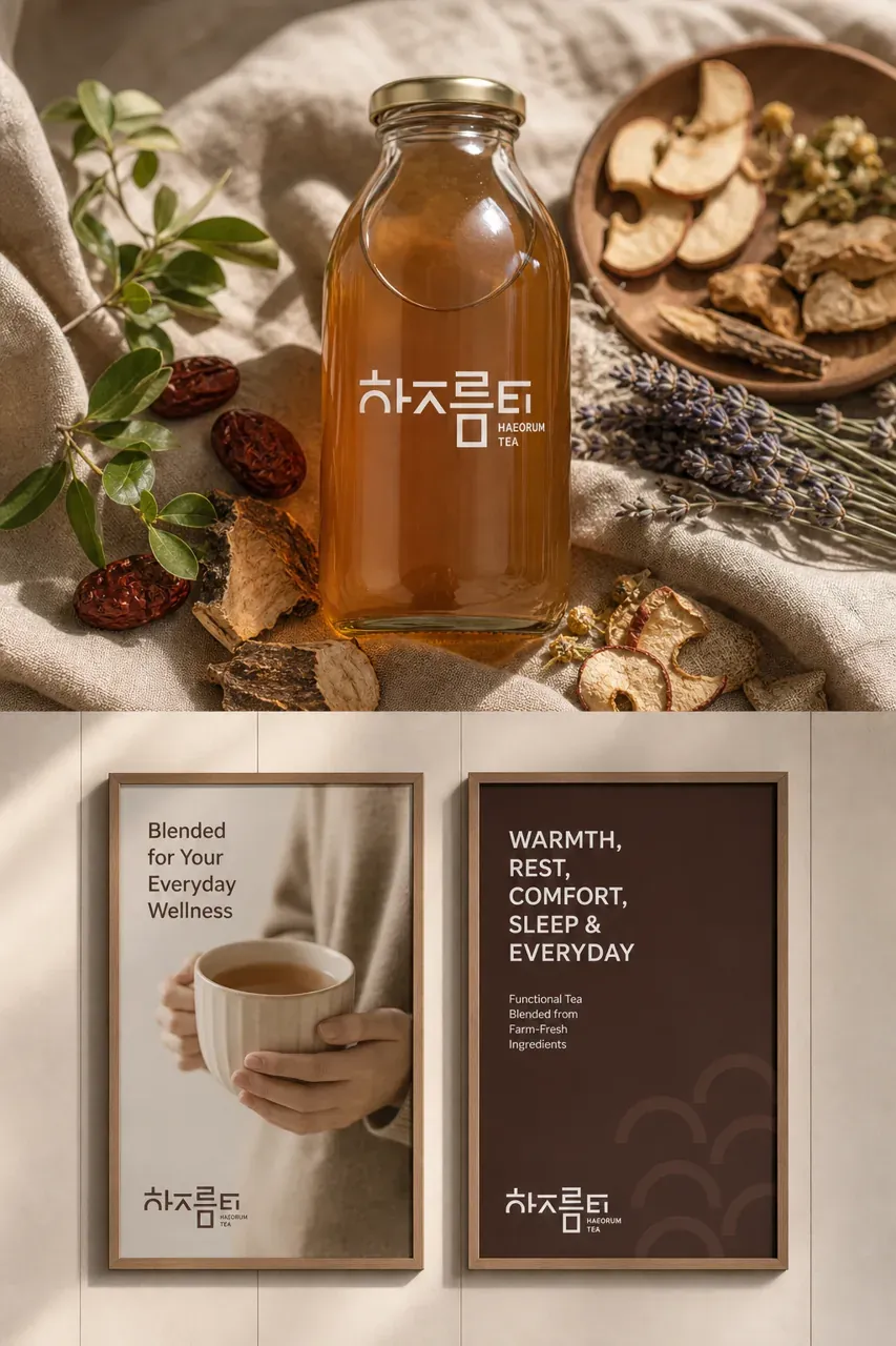 농식품·축산 로고 디자인 — 새벽 빛처럼 고요한 일상의 쉼 농식품 브랜드 로고 적용 예시