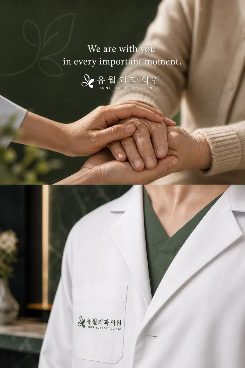 병원·의원 로고 디자인 — 유월의 안심 병원 로고 적용 예시
