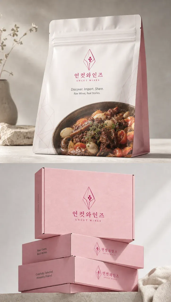 농식품·축산 로고 디자인 — 원석 속 발견되는 미지의 와인 농식품 브랜드 로고 적용 예시