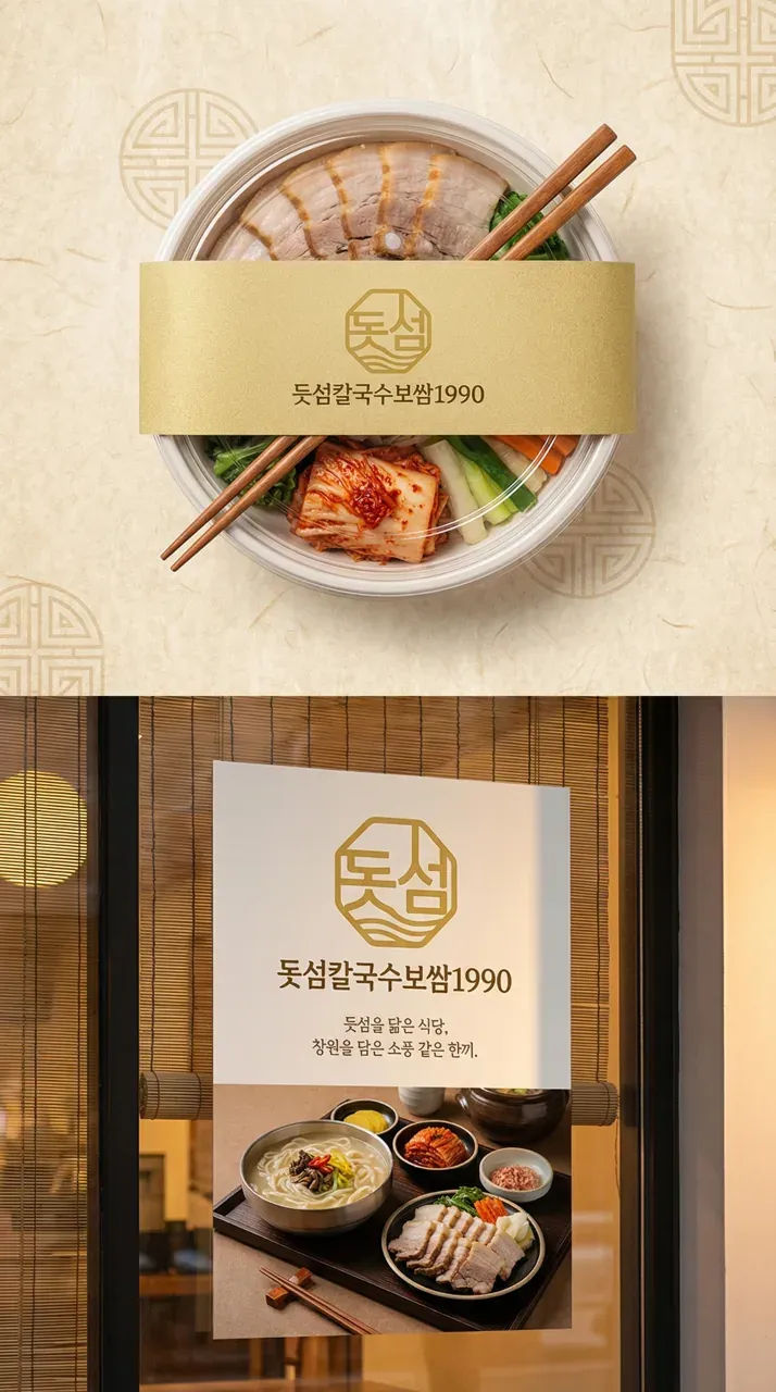 음식점·외식 로고 디자인 — 소풍 가던 날의 설렘을 담은 돝섬칼국수보쌈1990 음식점 로고