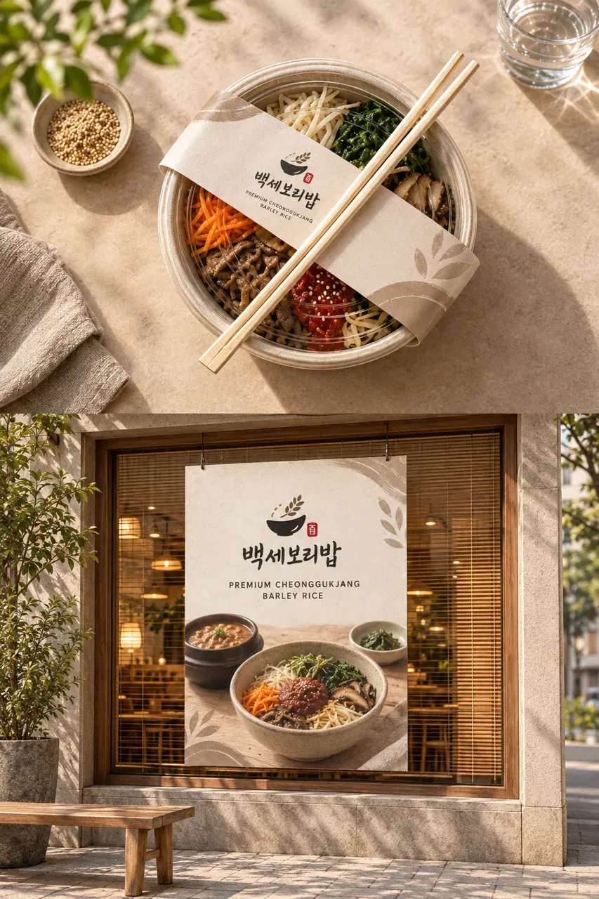 음식점·외식 로고 디자인 — 전통과 신뢰를 담은 모던 프리미엄 라인 음식점 로고 적용 예시