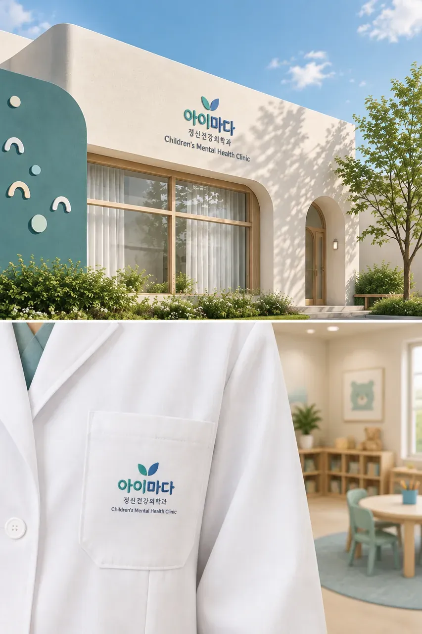 병원·의원 로고 디자인 — 따뜻하고 친근한 조합형 병원 로고 적용 예시