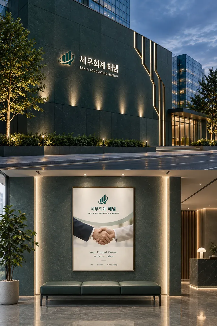 법률·세무·특허 로고 디자인 — 신뢰의 기하학 법률사무소 로고 적용 예시