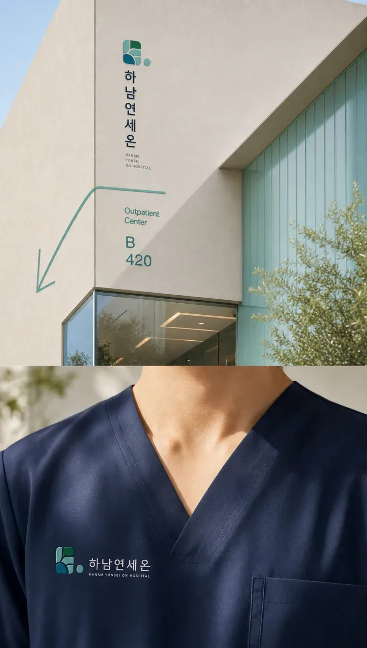 병원·의원 로고 디자인 — 세대를 아우르는 따뜻한 의료 파트너십 병원 로고 적용 예시