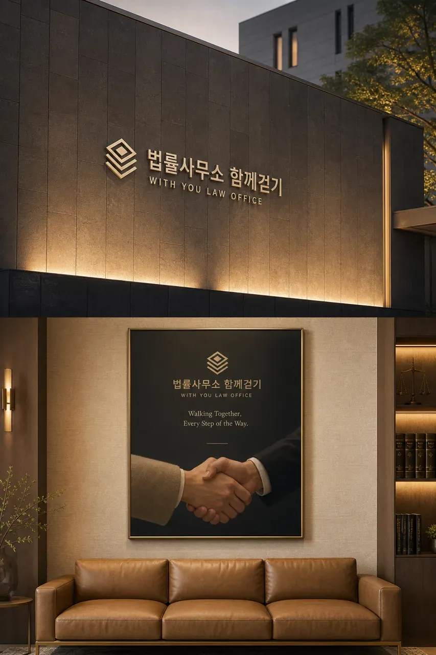 법률·세무·특허 로고 디자인 — 신뢰의 동행 법률사무소 로고 적용 예시
