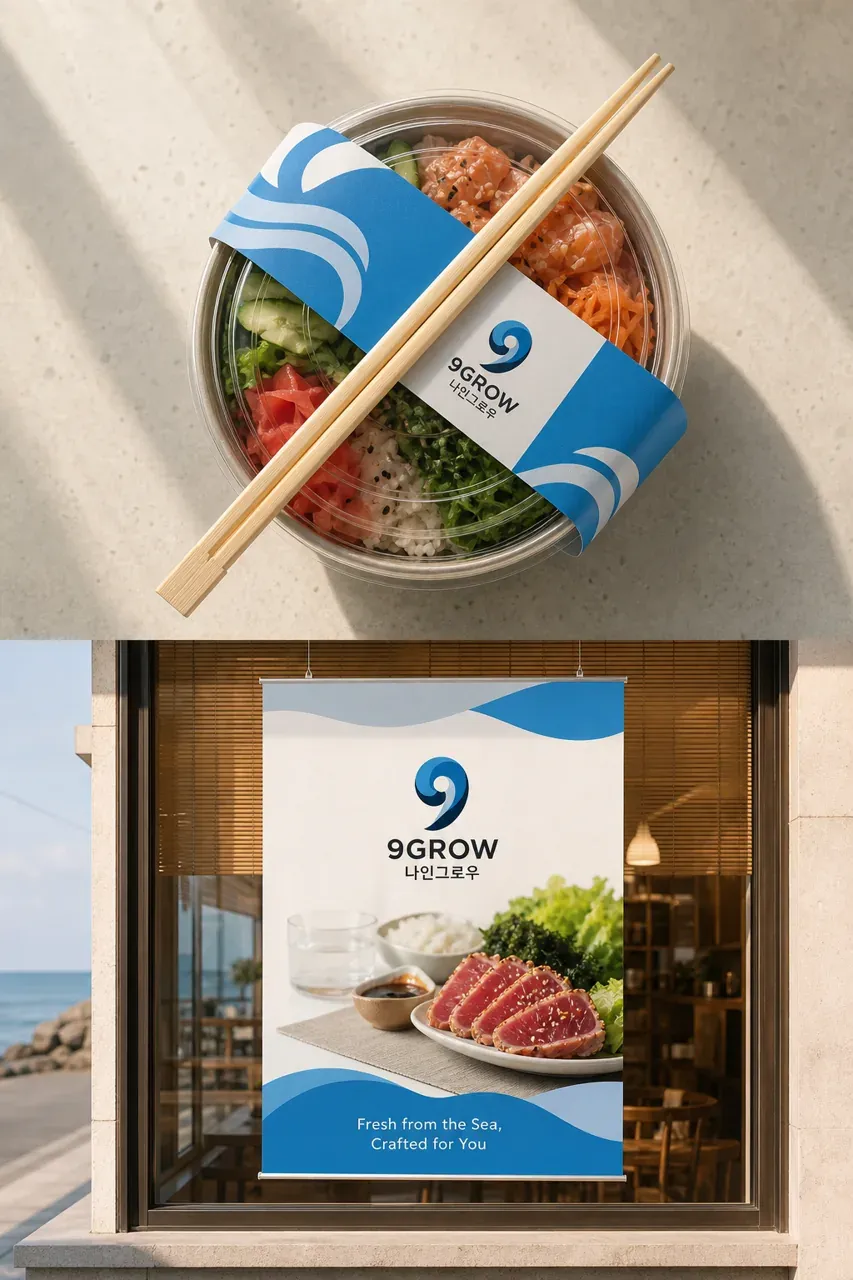음식점·외식 로고 디자인 — 완벽함에서 시작하는 무한 성장의 항해 음식점 로고 적용 예시
