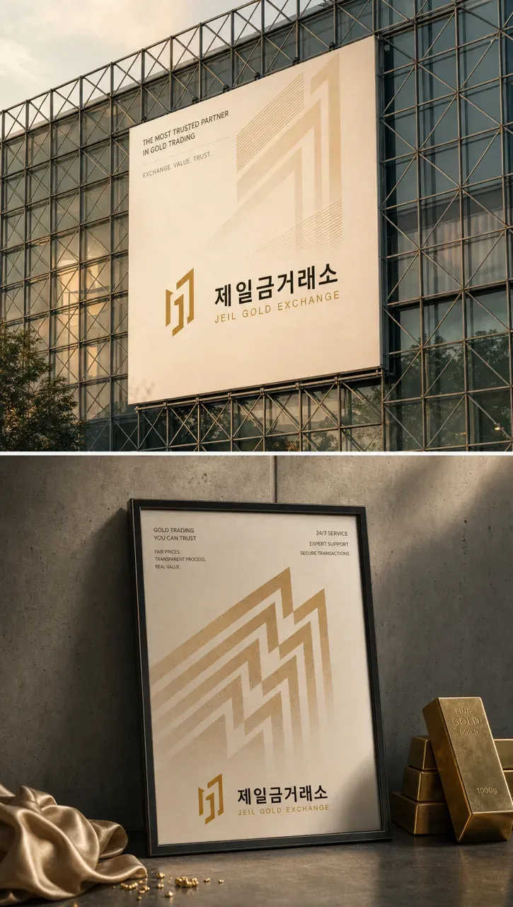 금융·부동산 로고 디자인 — 신뢰하는 금의 순환 금융·부동산 기업 로고 적용 예시