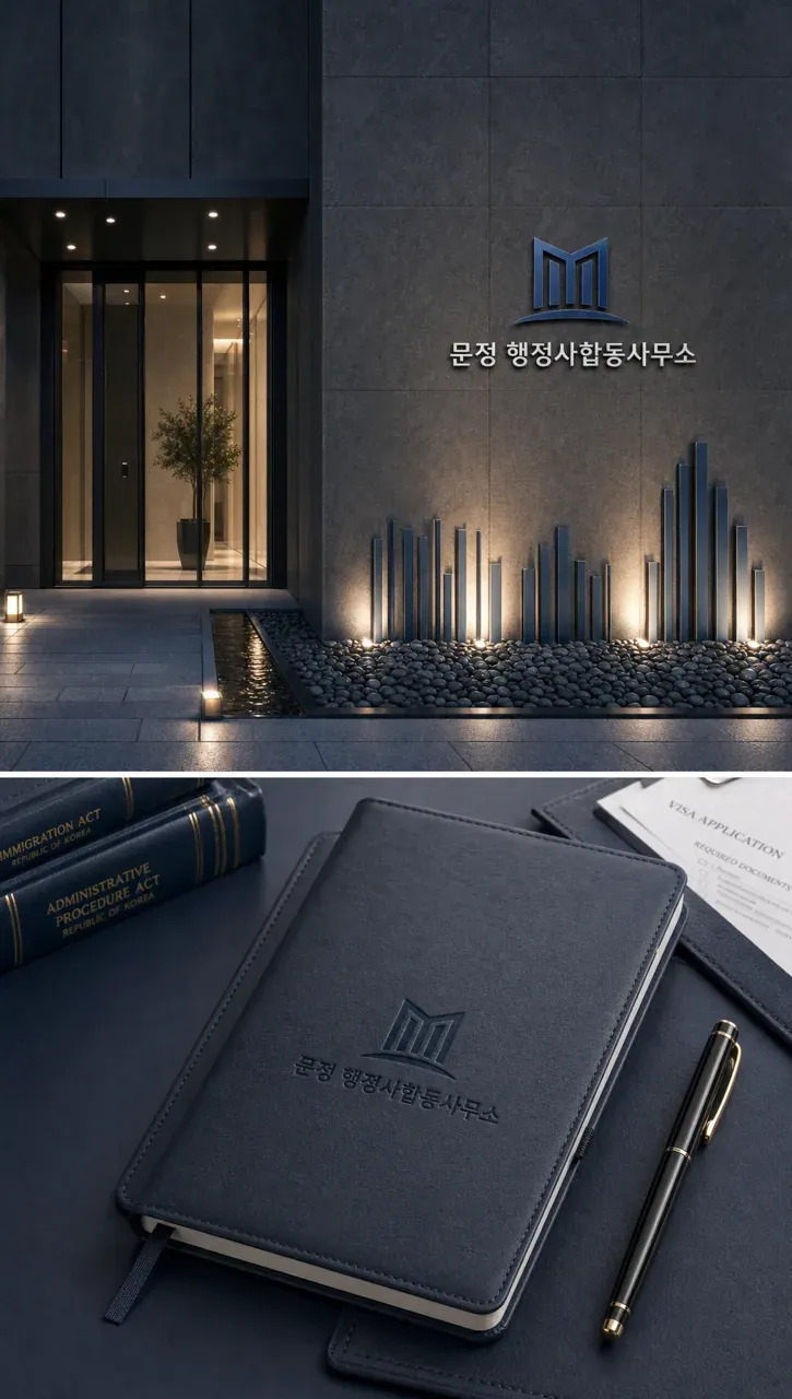 법률·세무·특허 로고 디자인 — 문정 행정사 신뢰의 문을 열다 법률사무소 로고 적용 예시