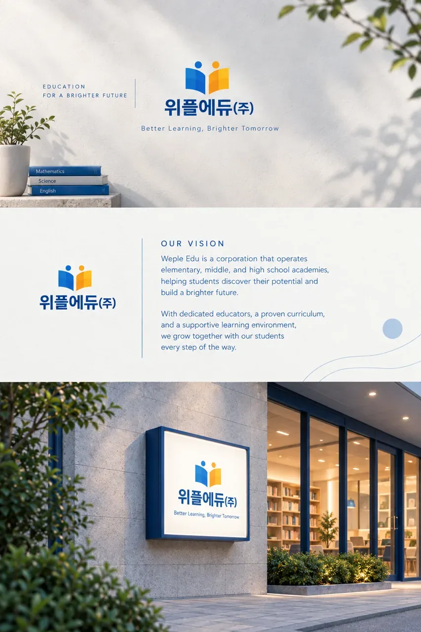교육·학원 로고 디자인 — 신뢰와 성장의 모던 한글심볼 학원 로고 인쇄·적용