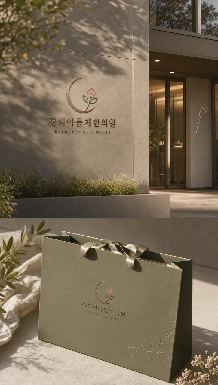 한의원·한방 로고 디자인 — 꽃피우는 손 아름다워지는 삶 한의원 로고 브랜드 시스템