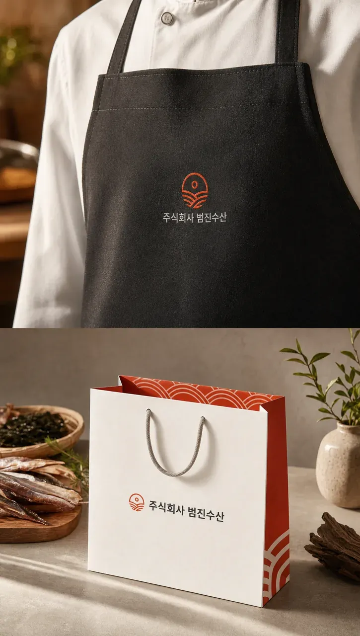 농식품·축산 로고 디자인 — 범진수산 | 바다의 신선함을 담은 현대적 기하학 농식품 브랜드 로고 브랜드 시스템