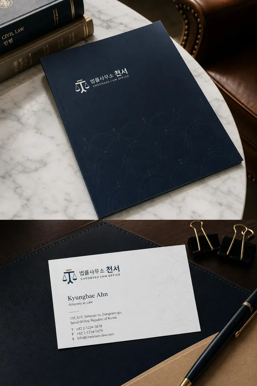 법률·세무·특허 로고 디자인 — 의 상서로운 신뢰를 담은 기하학 법률사무소 로고 브랜드 시스템
