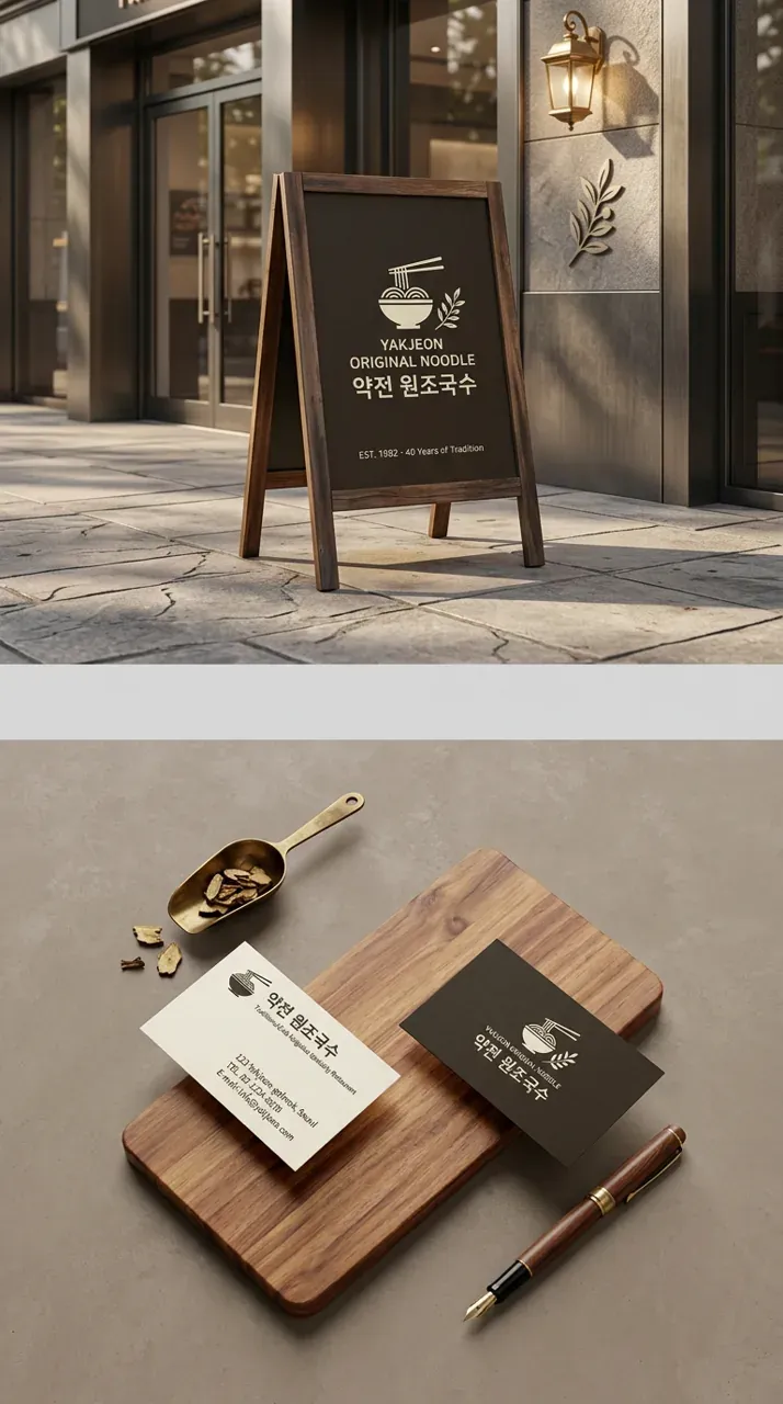 음식점·외식 로고 디자인 — 40년 전통이 젊은 세대까지 사로잡는 약전 원조국수 음식점 로고 브랜드 시스템