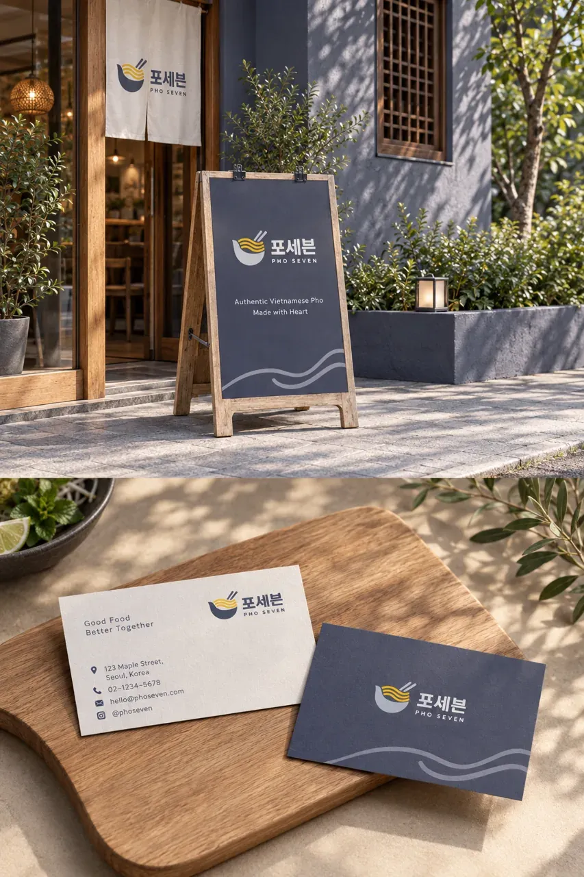 음식점·외식 로고 디자인 — 젓가락과 국수로 만드는 숫자 7 음식점 로고 브랜드 시스템