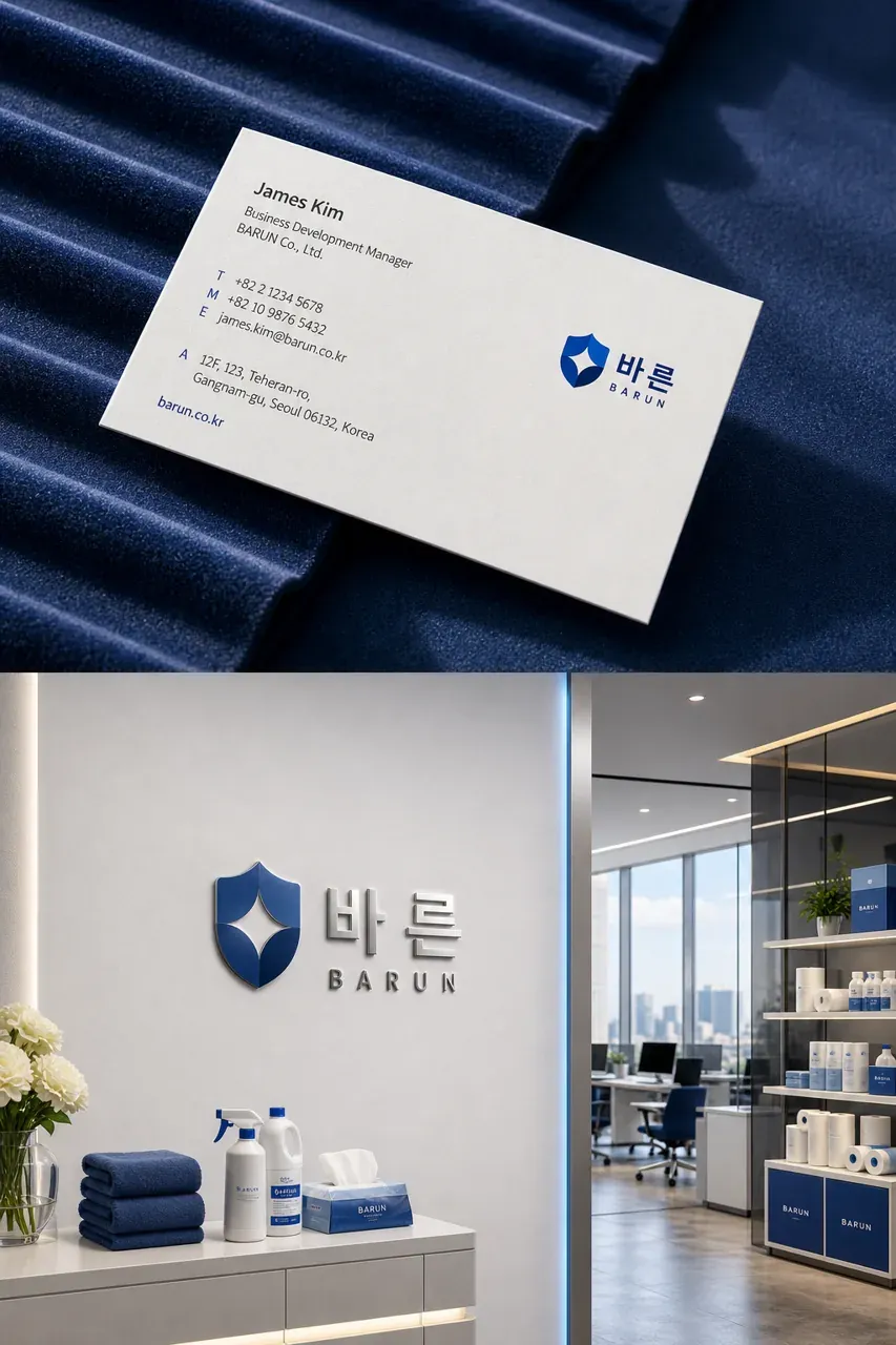 생활·서비스 로고 디자인 — 신뢰와 청결의 파란 기하학 생활 서비스 브랜드 로고 브랜드 시스템