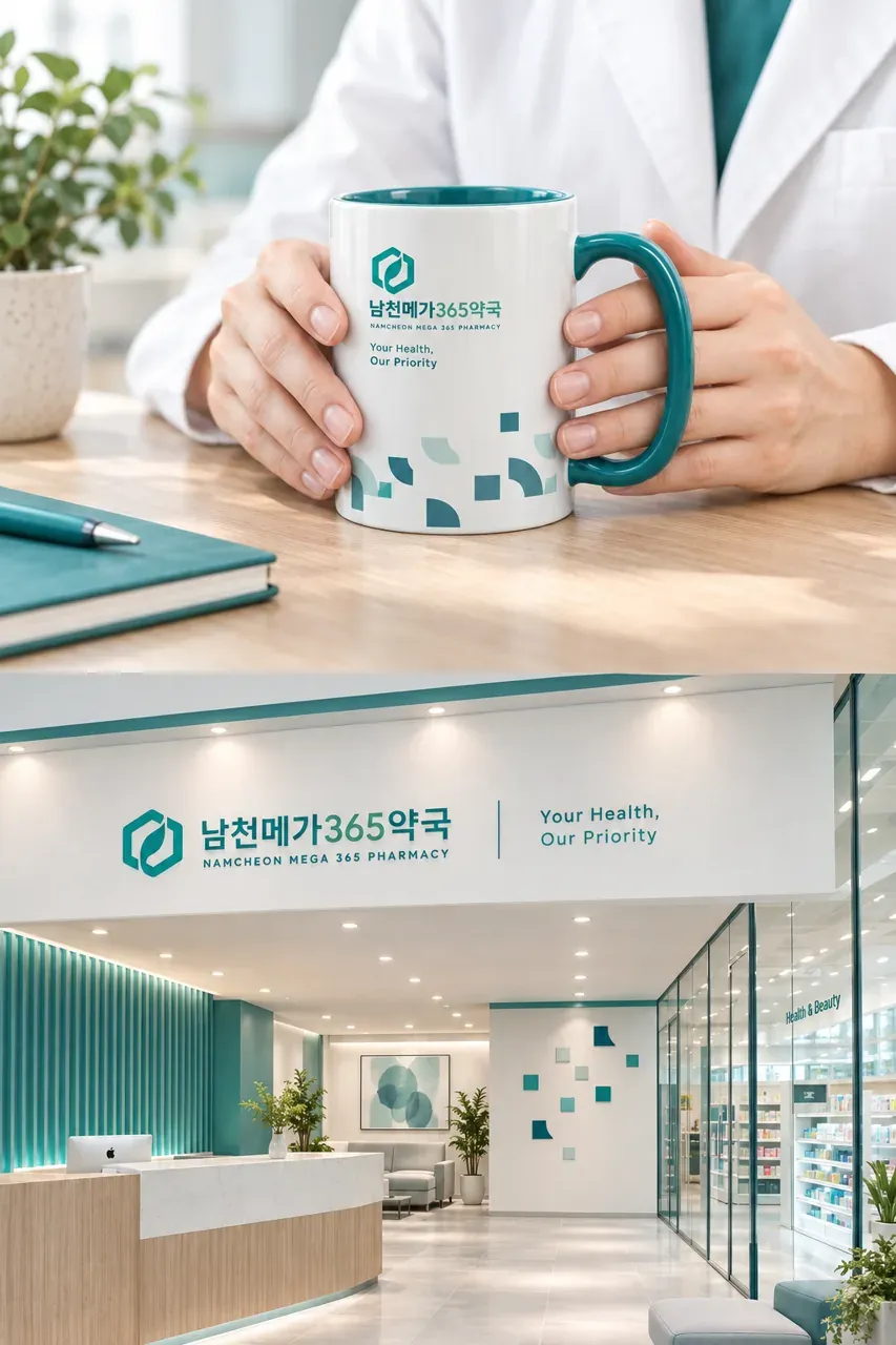 약국·제약 로고 디자인 — 모던 크로스 심볼 약국 로고 브랜드 시스템