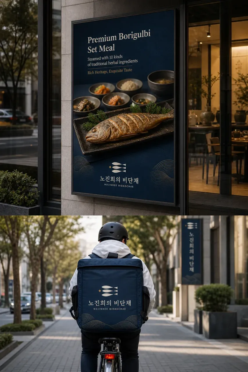 음식점·외식 로고 디자인 — 비단의 우아함 고급의 정수 음식점 로고 브랜드 시스템