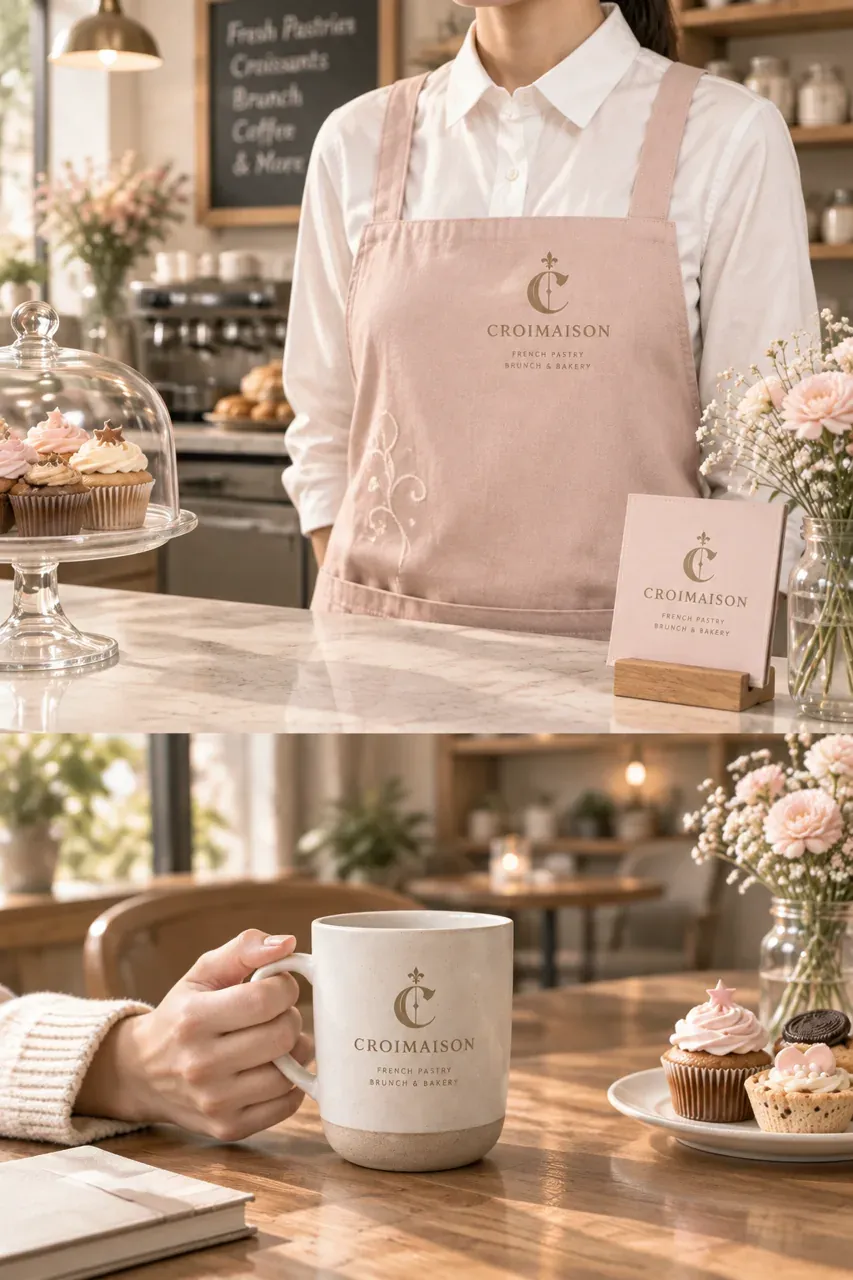 카페·베이커리 로고 디자인 — 저택의 아치와 크로아상의 만남 카페 로고 브랜드 시스템